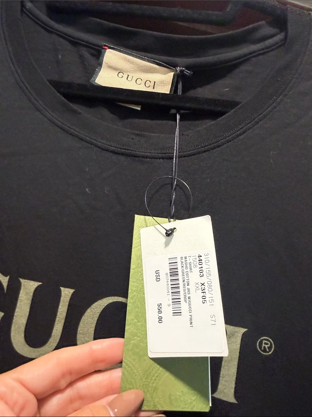 Gucci Black T-Shirt with Red & Green Stripe Logo